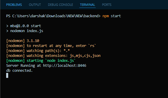 Terminal showing npm start command